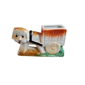 Vintage Occupied Japan Toothpick Holder Puppy And Cart Figurine